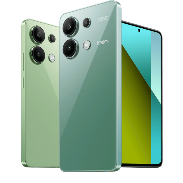 Imagem de 2 celulares redmi note 13 nas cores azul e verde.